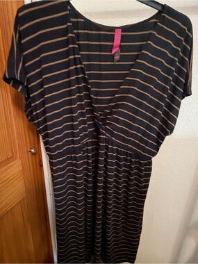 Pure Energy Navy Midi Dress with Tan Stripes - V-Neck